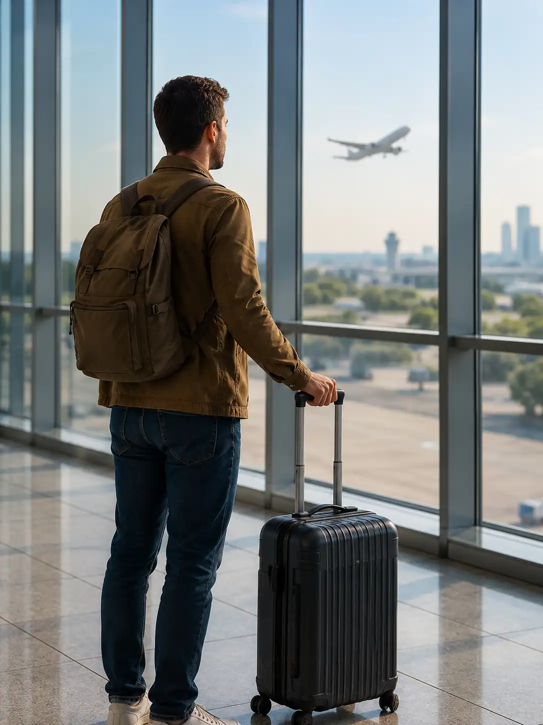 Un viaggiatore con la valigia in un terminal aeroportuale