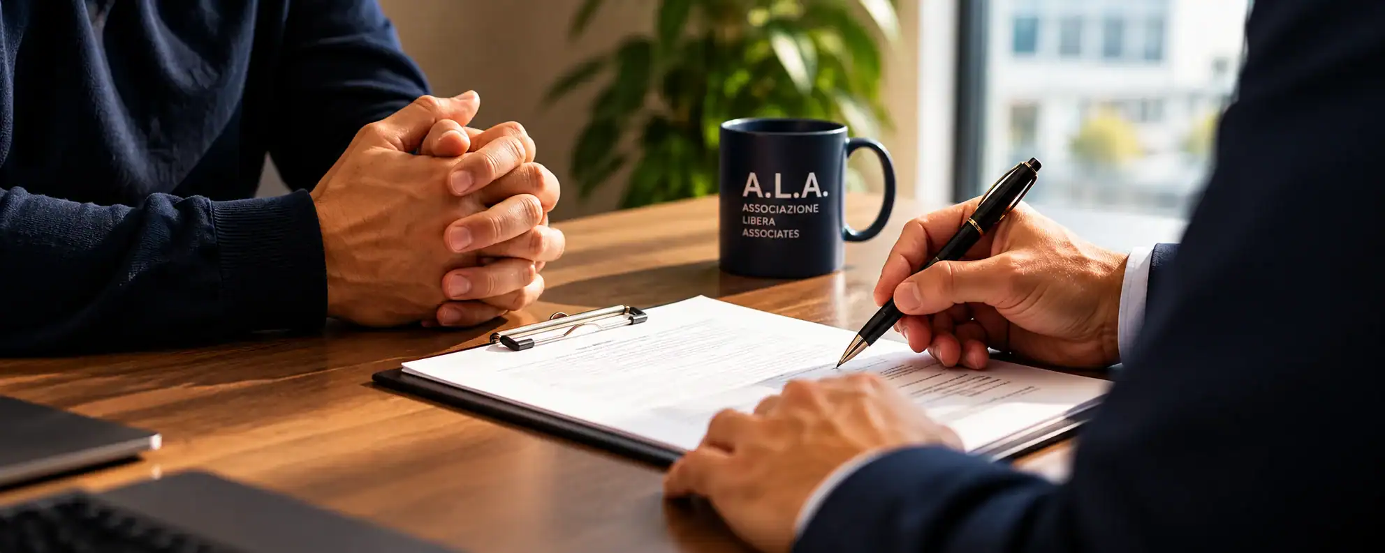 Un operatore di A.L.A. ascolta un lavoratore durante una consulenza allo sportello