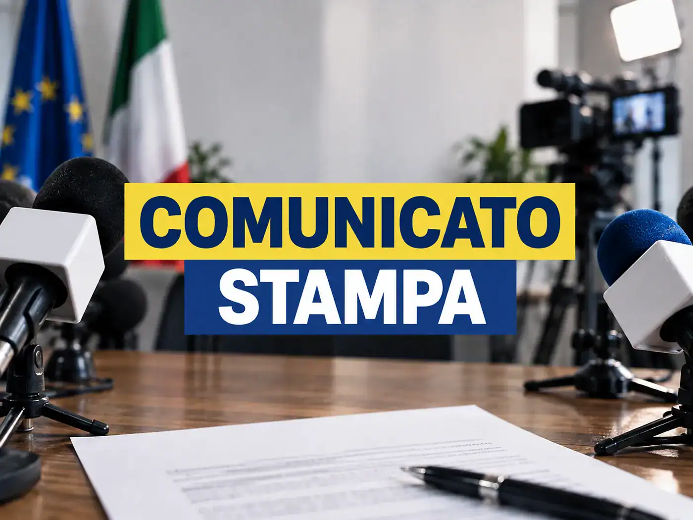 Grafica con la scritta «Comunicato stampa» su una scrivania con documenti