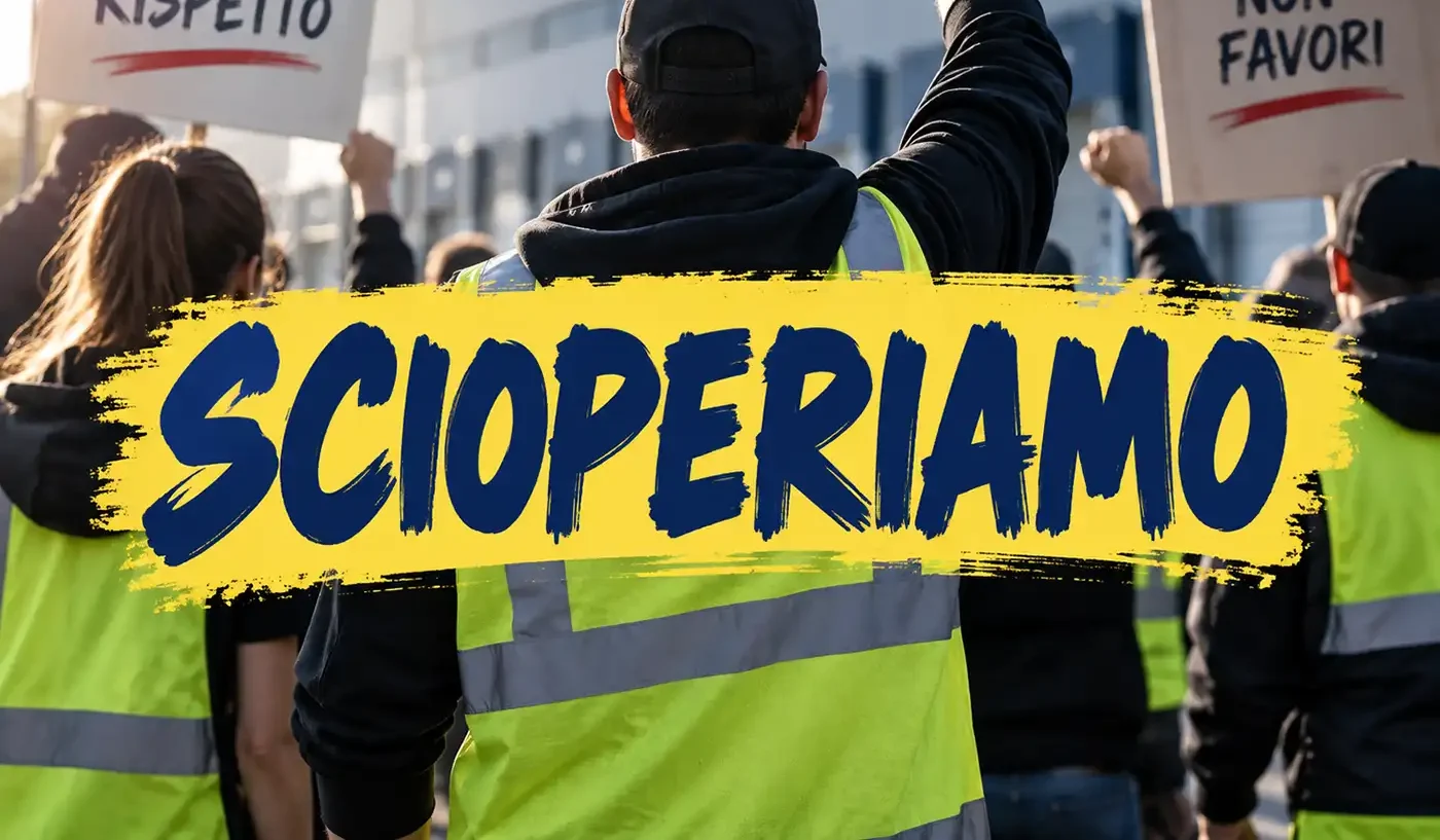 Lavoratori con giubbotto giallo ad alta visibilità con titolo_scioperiamo
